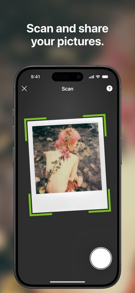 Polaroid - The app features a high-res scanner that digitizes physical prints, clearly indicating the scan area with a green bounding box.