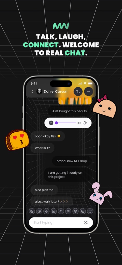 mewe: The Safe Network - Observe the app's robust chat functionality, facilitating real-time conversations with features like integrated voice messages and a diverse selection of playful stickers to enrich communication.