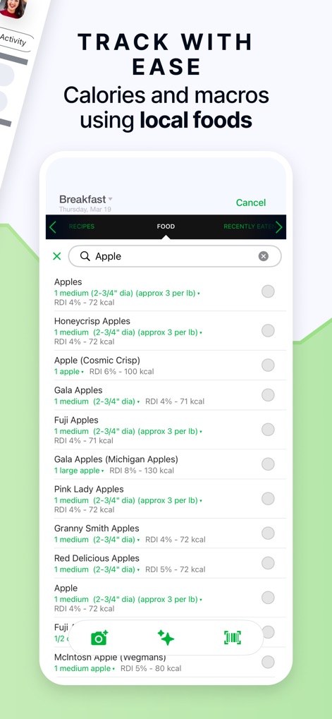 Calorie Counter by fatsecret - Facilita el seguimiento al permitir a los usuarios buscar alimentos específicos y acceder a su información nutricional detallada, mostrando las calorías y el RDI para cada variedad de manzana.