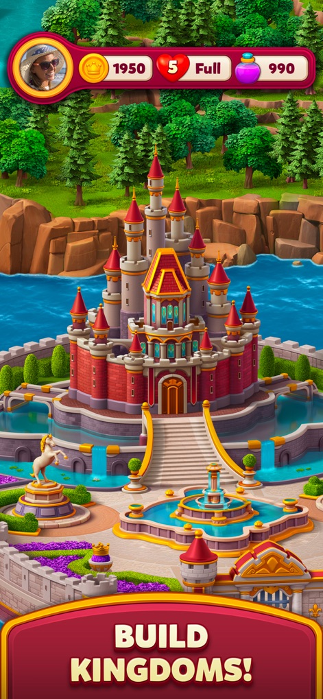 Royal Kingdom - La aplicación presenta un majestuoso castillo con techos rojos y una elaborada fuente con una estatua de unicornio, ilustrando la fase de construcción del reino y la personalización que los usuarios pueden lograr en el juego.