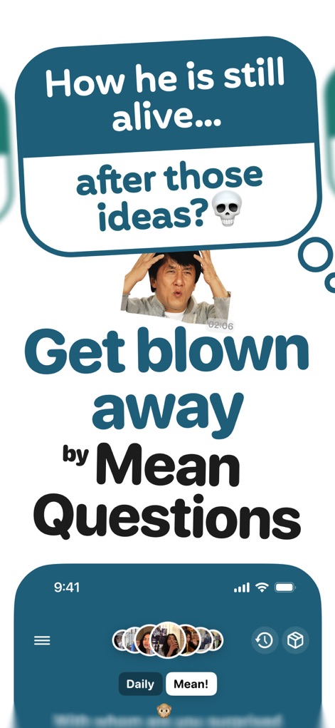 askUs: Whos most likely to - Discover how the app offers a variety of question types, including "Mean Questions," and categorizes them with clear "Daily" and "Mean!" tabs.