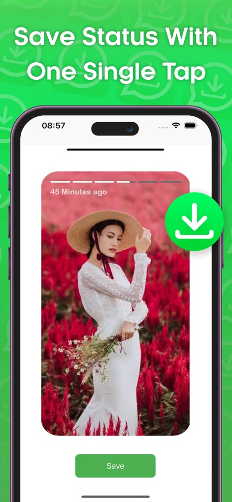 Status Saver and Save Story - Discover how the app streamlines content preservation with its prominent download icon and intuitive 'Save' button, enabling instant media retention.