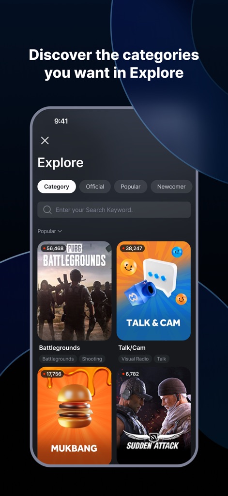 SOOP - Live Streaming - The 'Explore' section allows users to discover a wide array of content categories, from gaming to 'Talk & Cam', using a convenient search bar.