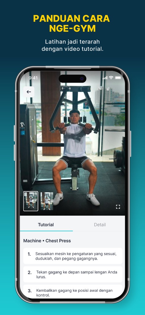 FIT HUB | Gym & Fitness App - The app provides clear, step-by-step video tutorials for various exercises, including detailed instructions for correct form and technique, such as the Chest Press.