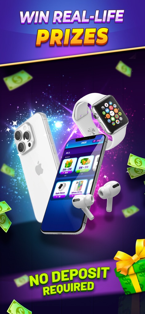 Backspin Games: Win Real Money - This section reveals the exciting range of "real-life prizes" available, including desirable tech gadgets like an "iPhone" and an "Apple Watch".