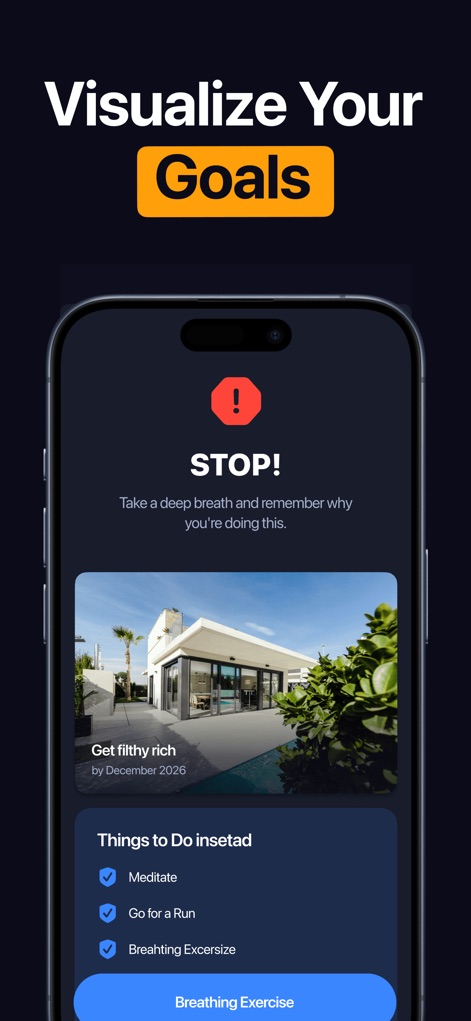 CURE: Quit Porn Addiction - Diese Ansicht zeigt ein klares Stopp-Symbol bei Rückfallgefahren und motiviert Nutzer mit einer Liste alternativer Aktivitäten und persönlichen Zielen zur Ablenkung.