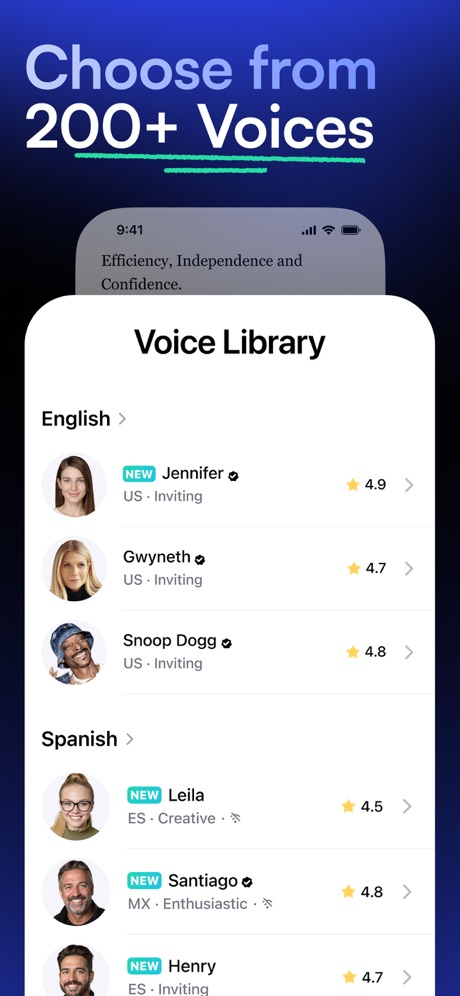 Speechify – Text to Speech PDF App Store screenshot 2, headline “Choose from 200+ Voices”. Star rating shown.