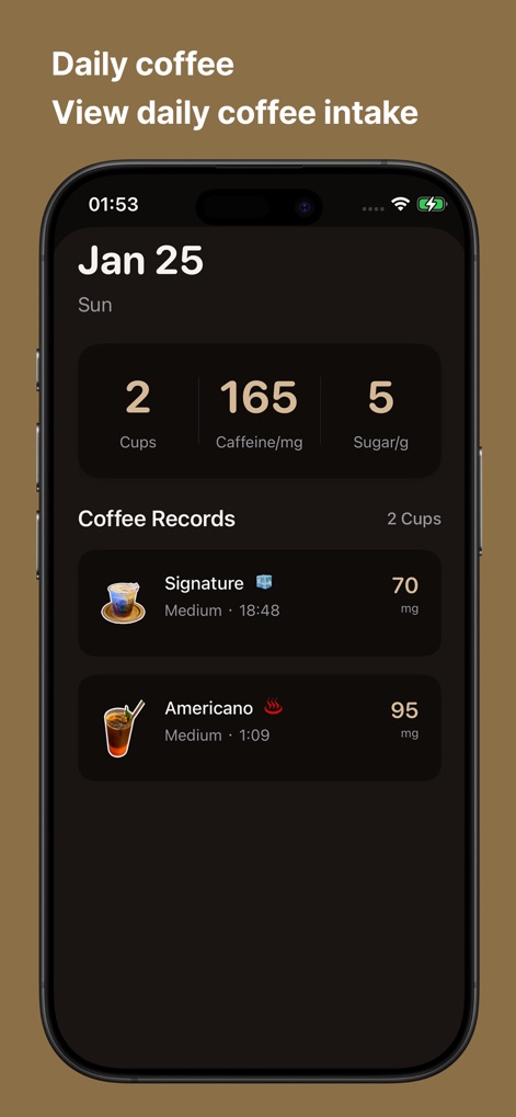 Cafeor · Coffee Tracker - Users can effortlessly monitor their daily intake, with a clear breakdown of "Cups," "Caffeine/mg," and "Sugar/g," alongside individual coffee records showing specific types and caffeine levels.