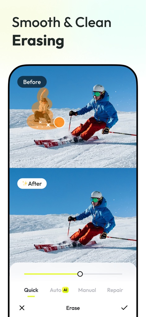 AnyEraser: Remove Objects AI - Observe the "Before" and "After" comparison, demonstrating the app's capability to smoothly erase objects with a clean final result.