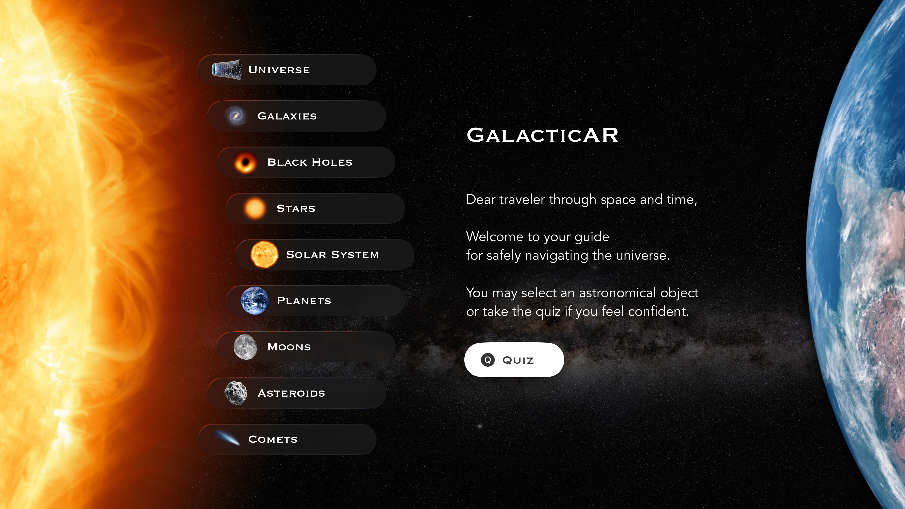 GalacticAR: Space Sim & Quiz