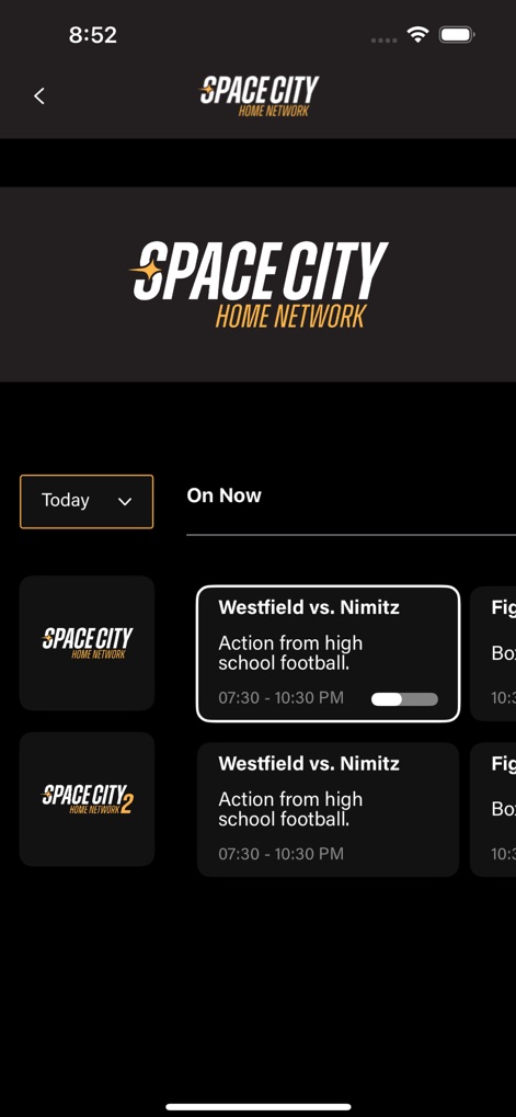 SCHN+ - Users can efficiently navigate the 'Today' filter for upcoming events and view current programming across multiple channels, including 'SPACE CITY HOME NETWORK' and 'SPACE CITY 2'.