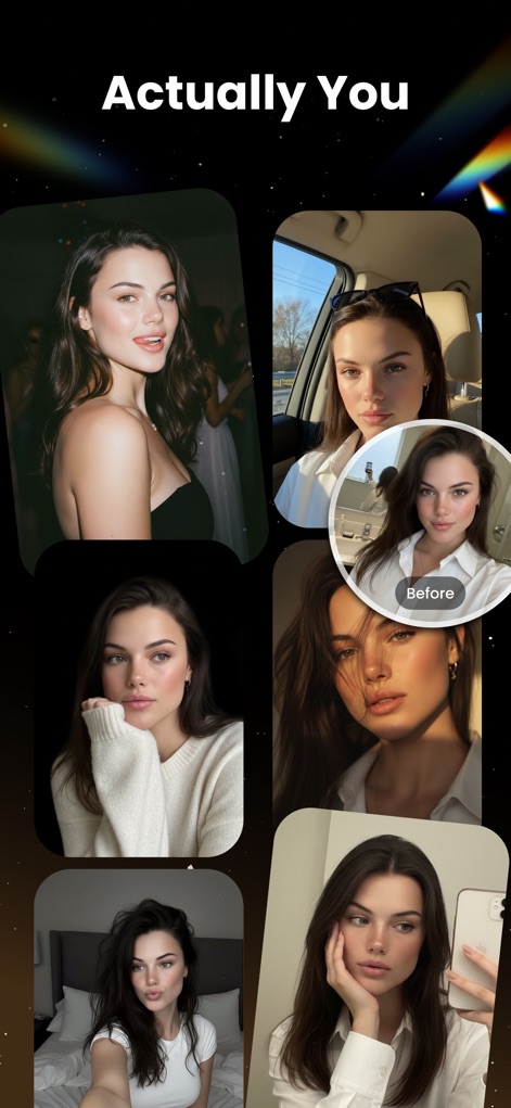HeyStar-AI Photo Editor - Experience natural-looking enhancements with the "Actually You" effect, showcasing multiple portrait examples and a subtle circular "Before" overlay for comparison.
