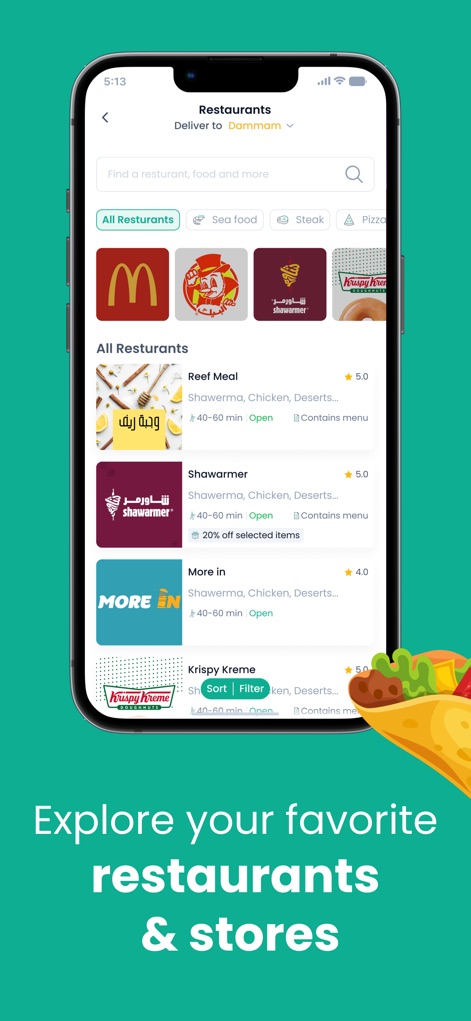 Mr Mandoob | Anything Delivery - La aplicación permite a los usuarios buscar y filtrar "Restaurantes" por tipo, como se ve con "Mariscos" y "Steak", facilitando la exploración de opciones culinarias con valoraciones visibles.