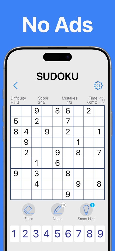 Sudoku No Pop-up Ads - 集中を妨げるポップアップ広告がなく、ユーザーはクリーンなプレイ画面で「Mistakes」と「Time」の進行状況を確認できます。