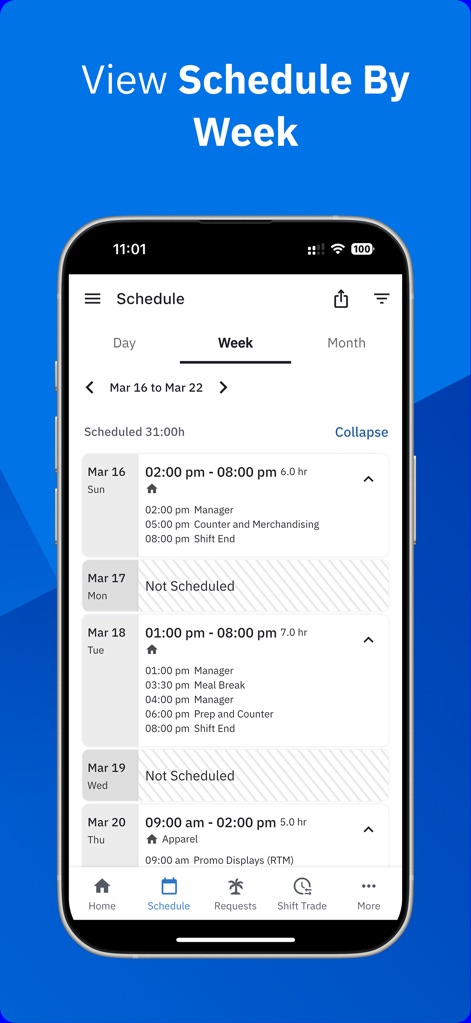 Workcloud Shift - Users can easily view their shifts for the "Mar 16 - Mar 22" week, including specific shift times and tasks.