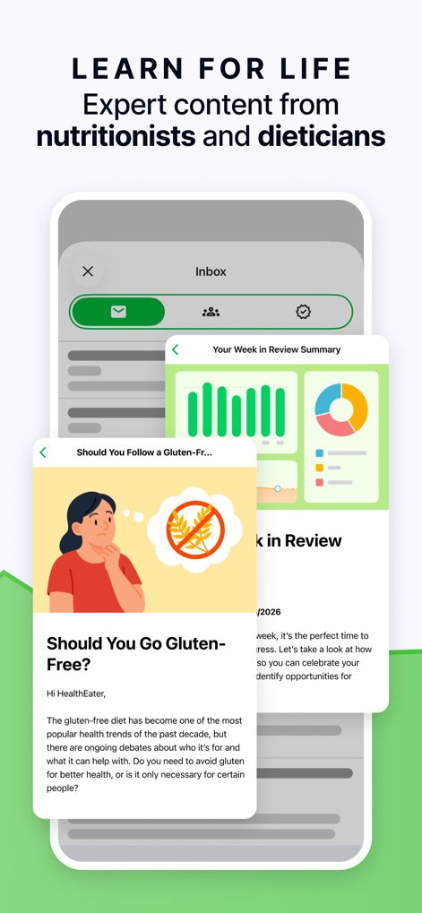 Calorie Counter by fatsecret - La aplicación ofrece artículos y resúmenes semanales con información valiosa de expertos en nutrición, como el artículo sobre dietas sin gluten, para educar a los usuarios.