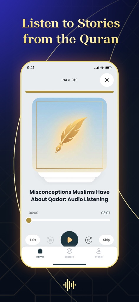 AyahPath Daily: Learn Quran - This tool provides an intuitive audio player for Quranic stories, complete with playback controls and a clear title for each lesson, making listening an immersive experience.