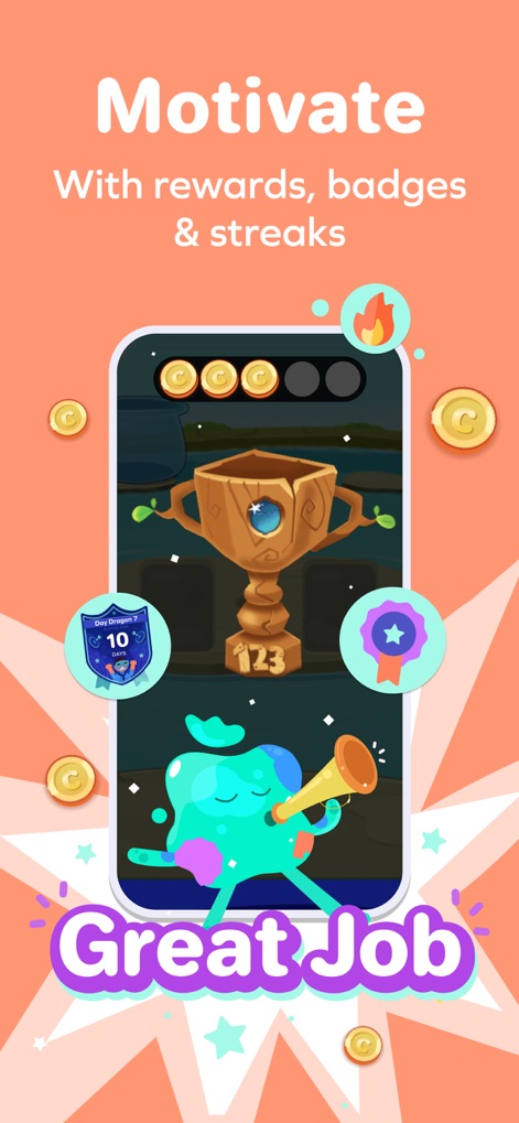 SplashLearn: Kids Learning App - Los usuarios se mantienen motivados con un sistema de recompensas, que incluye elementos de gamificación como trofeos y monedas virtuales, e insignias de progreso y mensajes de felicitación como 'Great Job'.