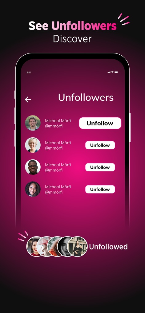 inReports - Followers analysis - The app provides precise unfollower identification, allowing users to see who has unfollowed them and offering direct 'Unfollow' buttons for management.