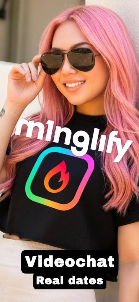 Video Dating App - Minglify - This visual highlights the app's modern branding through the iconic Minglify logo and reinforces its commitment to 'Videochat' for 'Real dates'.