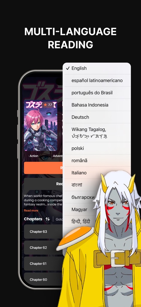 Manga Reader Infinity - La interfaz muestra un "menú desplegable de idiomas" para elegir, lo que asegura una "experiencia de lectura multilingüe" fluida.