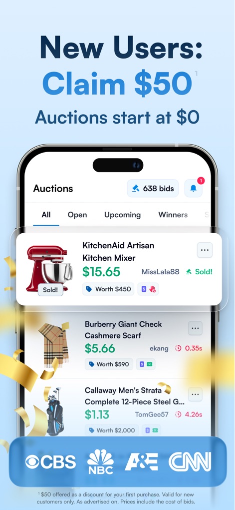DealDash - Bid & Save Auctions - See how the app showcases real-time auction listings with significantly discounted items and features prominent media partner endorsements.