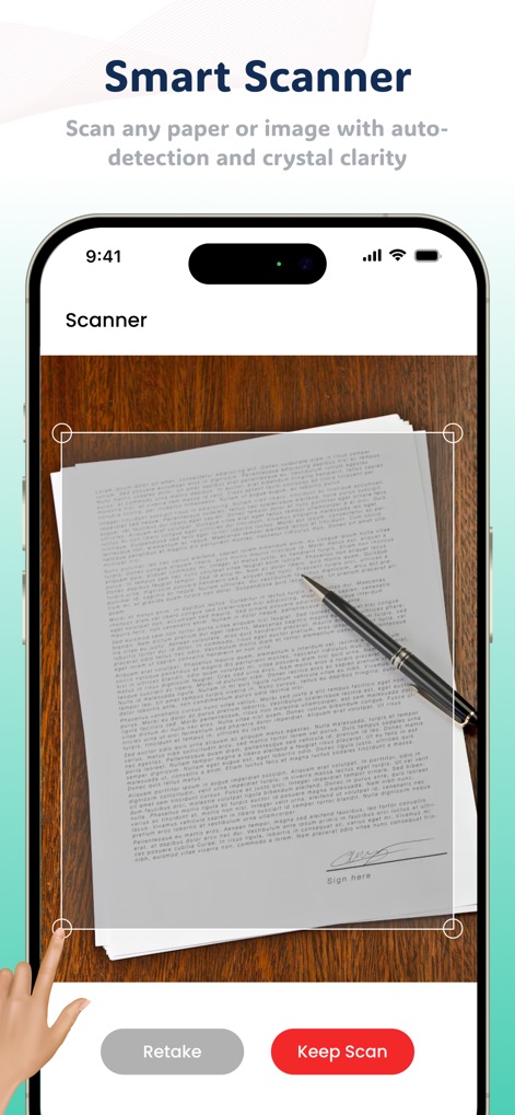 OKEN Scanner - PDF Scanner - L'application offre une détection automatique des bords pour des scans précis, comme le montre le document encadré, et permet aux utilisateurs de 'Keep Scan' ou 'Retake' pour un résultat parfait.