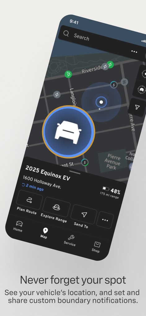 myChevrolet - Users can pinpoint their vehicle's location on a detailed map and explore range possibilities with the integrated 'Plan Route' feature.