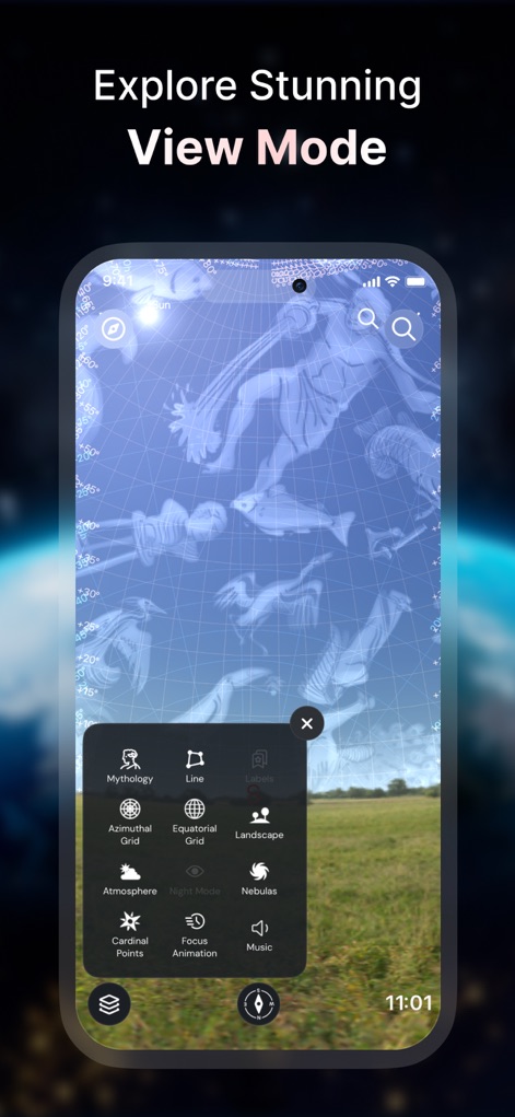 Star Gazer - Live Sky View Map - Explore celestial objects with various immersive view modes, including AR overlays on real-world landscapes and customizable display options like 'Mythology' and 'Night Mode'.
