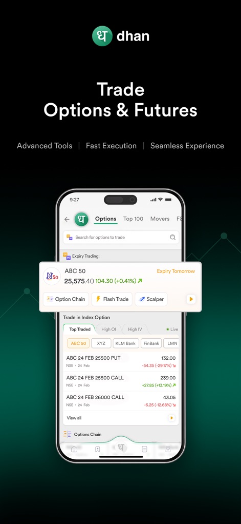 Dhan: Share Market Trading App - Explorez les marchés d'options et de futures avec des outils avancés, incluant l'"Option Chain" pour une vue complète et des options d'exécution rapide comme "Flash Trade".