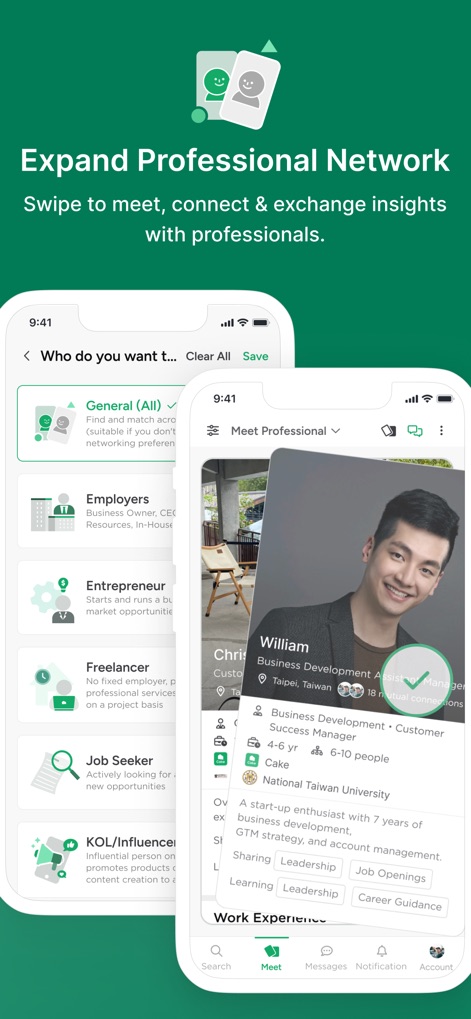 Cake: Job, Resume & Networking - The platform facilitates professional connections through specific filter categories for individuals like Employers and Freelancers, and detailed professional profiles highlighting experience and networking tags.