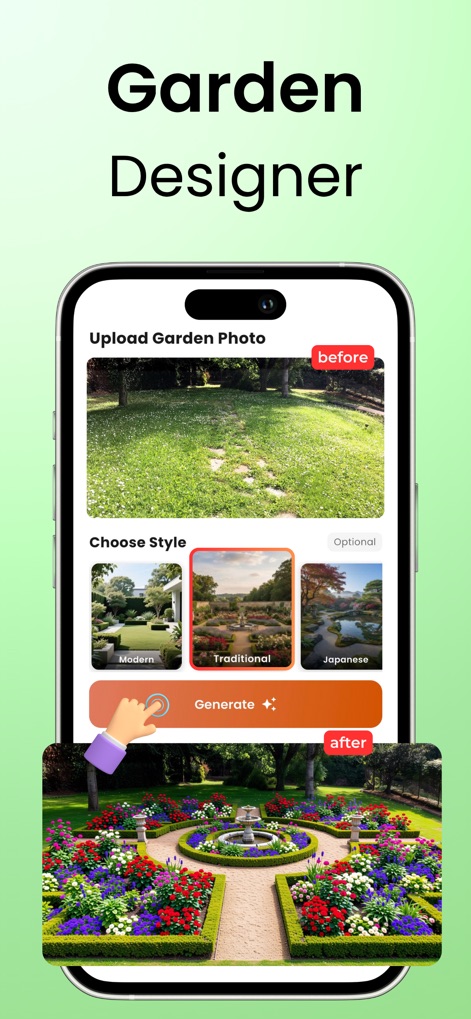 DecorAI: AI Interior Design - Users can effortlessly envision their ideal outdoor spaces by uploading a 'Garden Photo' and selecting from diverse styles such as 'Traditional' or 'Japanese'.
