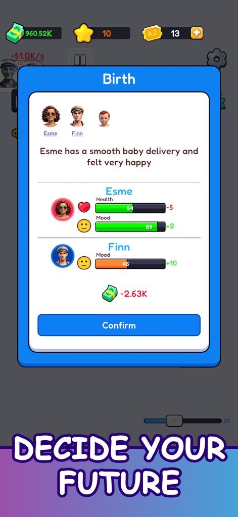 Family Sim: Life Simulator - This view illustrates the impact of life events, showing detailed character stats like health and mood, alongside the financial implications of a smooth baby delivery.