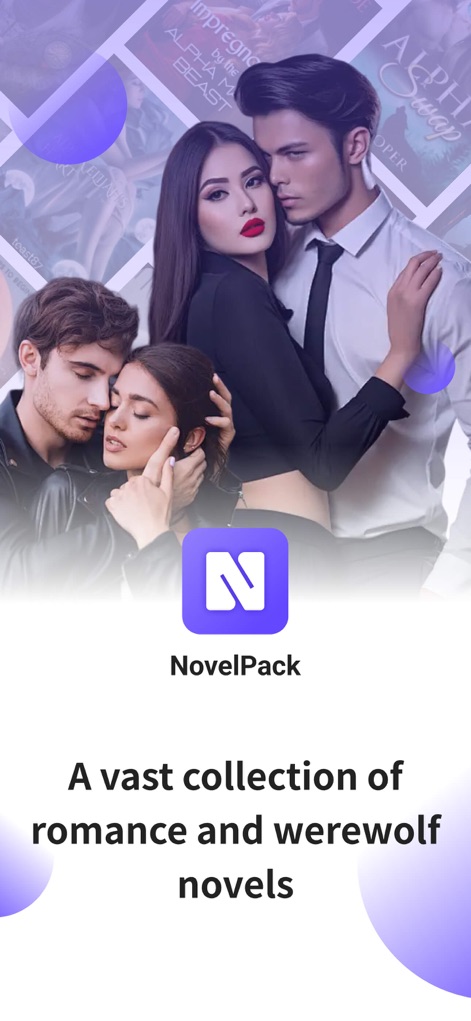 Novelpack - The app presents its vibrant brand identity with the 'NovelPack' logo and an enticing collage of romance novel covers, signaling a rich content library.