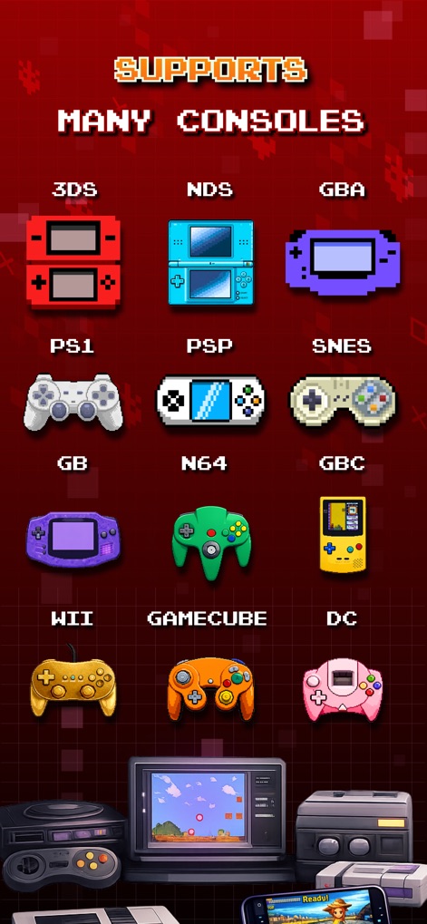Gamuroid: All Game Emulator - Discover the extensive range of gaming platforms supported, clearly organized through a vibrant grid of console icons and a prominent "SUPPORTS MANY CONSOLES" header.