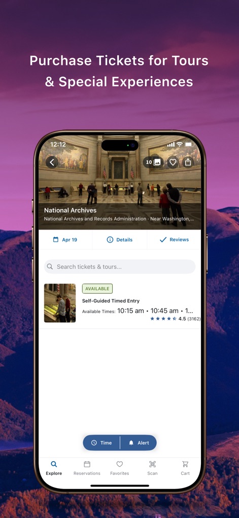 Recreation.gov - La aplicación facilita la compra de entradas mostrando una galería de imágenes del lugar de interés y detalles específicos como el tipo de entrada y los horarios disponibles para la experiencia.
