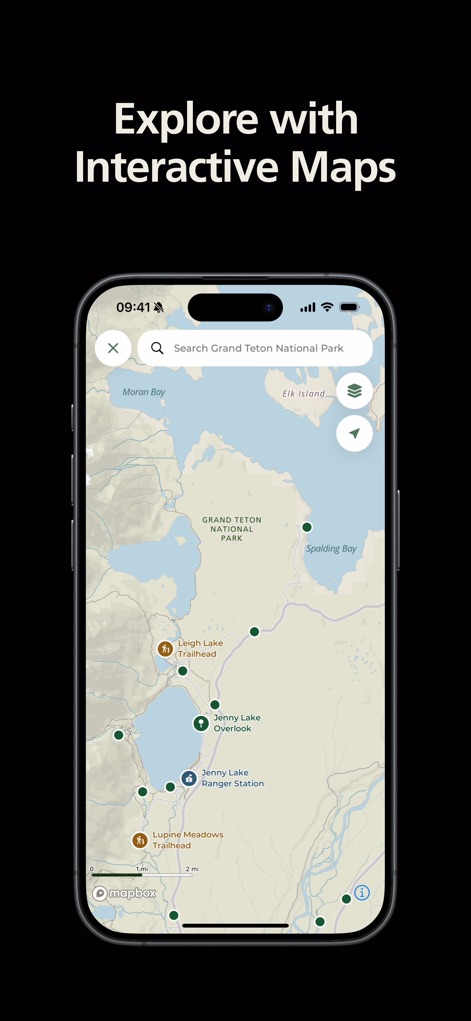 National Park Service - Esta funcionalidad presenta mapas detallados de parques como Grand Teton, mostrando senderos y puntos de interés con iconos claros para una navegación intuitiva.