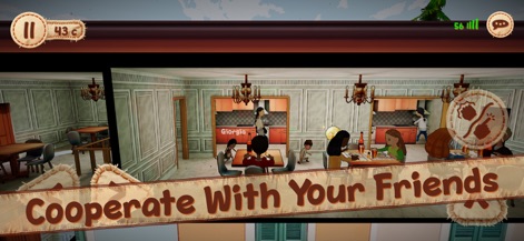 Pepelo 2: Around the World - The app illustrates cooperative gameplay within an inviting interior setting, featuring multiple characters and name tags for social interaction.