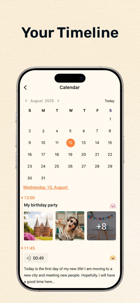My Diary - Journal with Lock - Effortlessly navigate personal history through the interactive calendar and chronological timeline, providing users a clear overview of past entries and cherished moments.