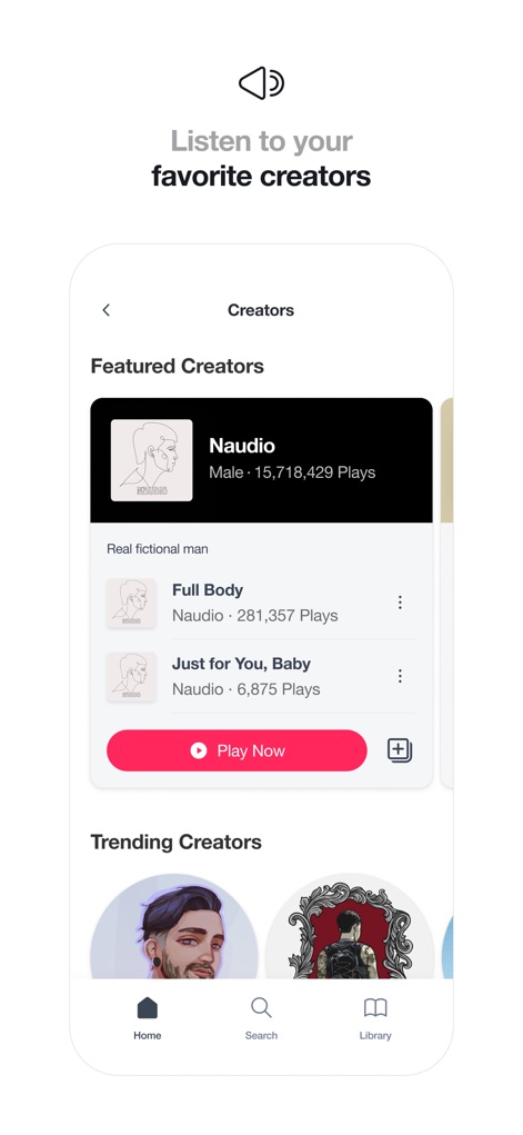 Quinn - Audio Stories - Browse an extensive list of creators, highlighting 'Featured Creators' at the top and a dynamic 'Trending Creators' section to discover popular voices.