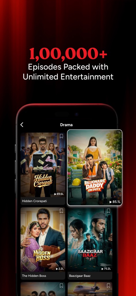 Kuku TV: Short Drama & Stories - The app presents its extensive content library of '1,00,000+ Episodes' through a visually appealing grid of diverse 'short drama thumbnails'.
