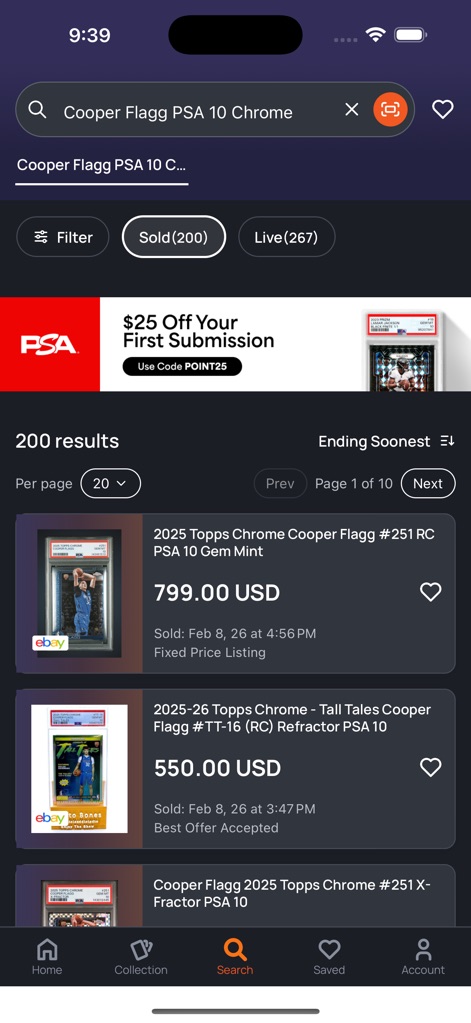 130 Point - Users can efficiently navigate search results, leveraging distinct 'Sold' and 'Live' filters to refine their market insights.