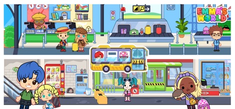 Emma's World - Town & Family - Navigate the app's transportation centers, showcasing dynamic airport check-in counters and a vibrant bus stop with vending machines.
