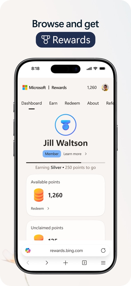Microsoft Edge App Store screenshot 6, headline “Browse and get Rewards”. Headline in Title Case.