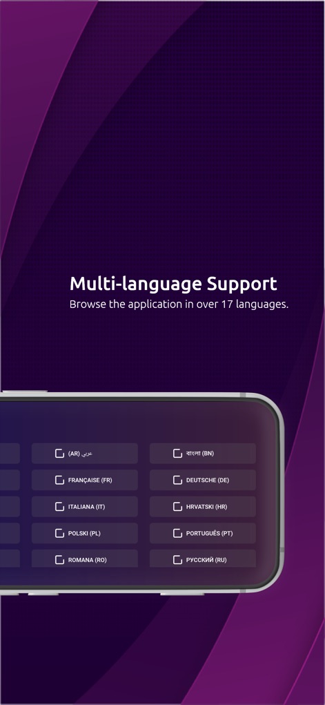 VU IPTV PLAYER - Die intuitive Sprachauswahl zeigt eine breite Palette an unterstützten Sprachen, von Arabisch bis Deutsch, was die weltweite Zugänglichkeit der App unterstreicht.