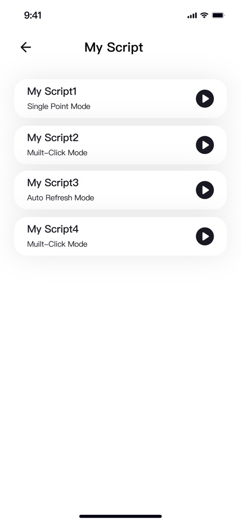 Auto Clicker - Tap Assistant - The app allows users to manage and reuse their pre-configured click behaviors, clearly listing various 'My Script' entries with their respective automation modes like 'Single Point Mode' and 'Multi-Click Mode'.