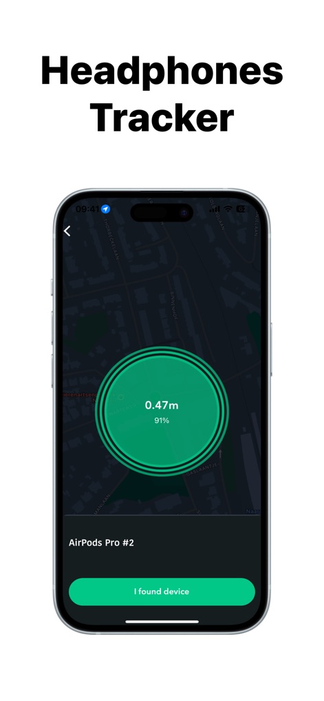 Find: my phone,device tracker - Under the 'Headphones Tracker' title, users observe the ultra-close '0.47m' proximity and a strong '91%' signal percentage, confirming the nearby location of their audio devices.
