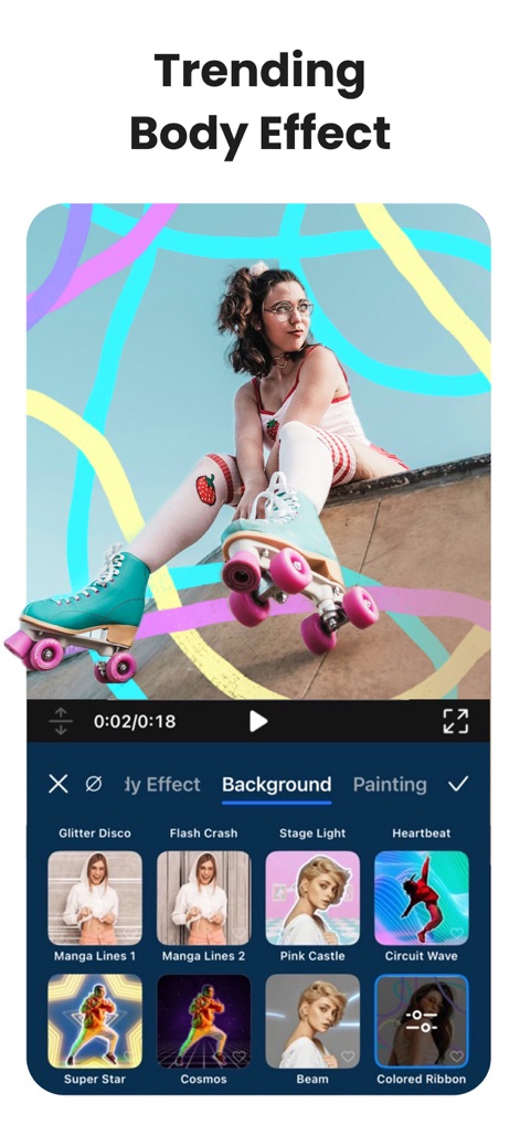 PowerDirector: AI Video Editor - Explorez les effets corporels avec Body Tracking, comme 'Manga Lines 1' et 'Glitter Disco', pour des créations vidéo uniques et dynamiques.
