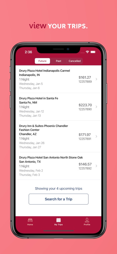 Drury Hotels - This tool provides a clear overview of all upcoming reservations, organized with selectable 'Future' and 'Past' tabs for easy tracking.