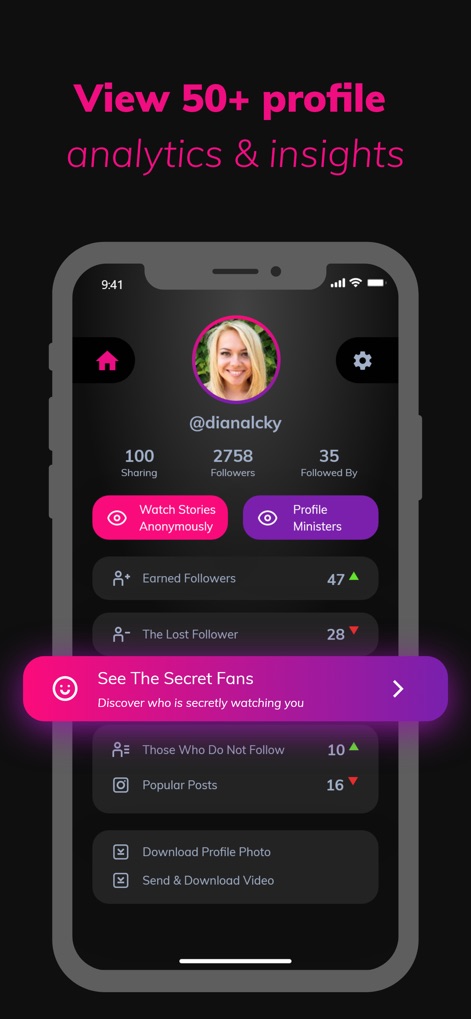inReports - Followers analysis - Users can explore a comprehensive profile overview showing metrics like gained followers and manage features such as anonymously watching stories.